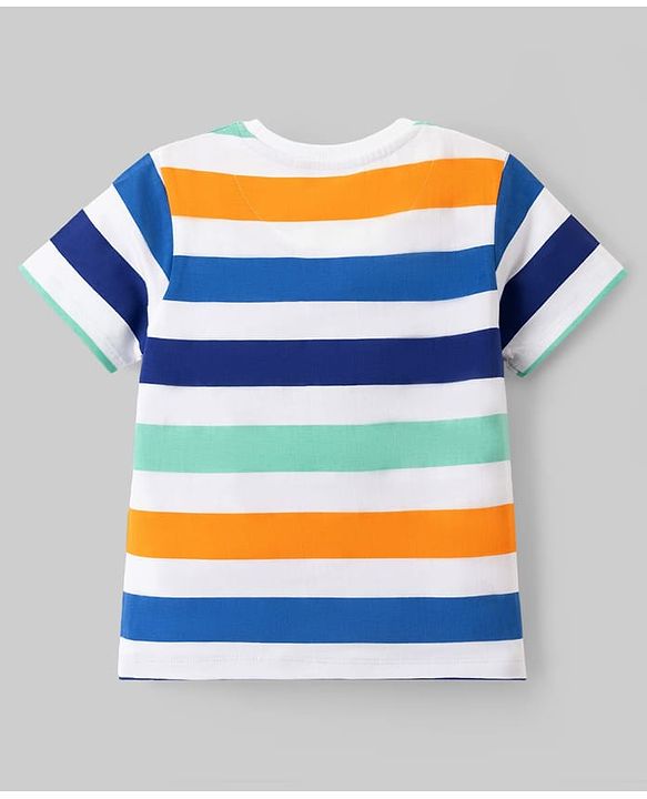 Pine Kids Single Jersey Knit Half Sleeves Striped T-Shirt with Text Print - White
