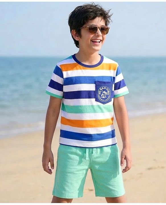 Pine Kids Single Jersey Knit Half Sleeves Striped T-Shirt with Text Print - White