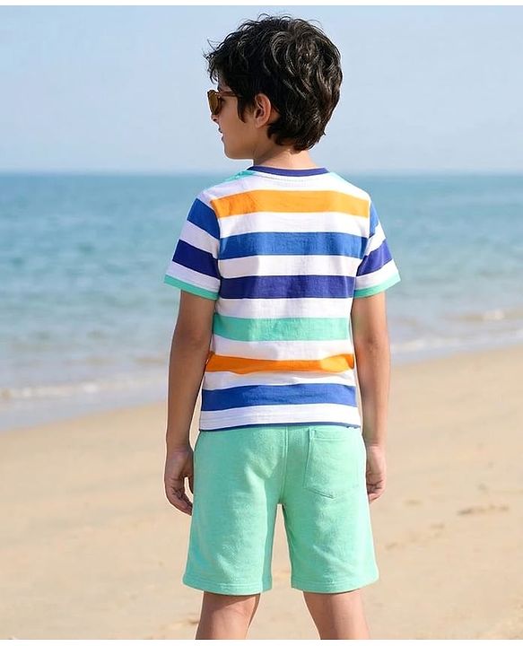 Pine Kids Single Jersey Knit Half Sleeves Striped T-Shirt with Text Print - White