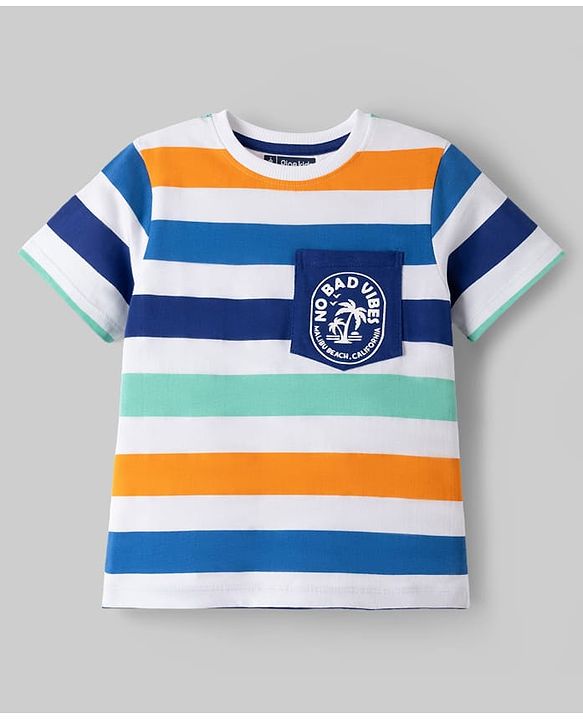 Pine Kids Single Jersey Knit Half Sleeves Striped T-Shirt with Text Print - White