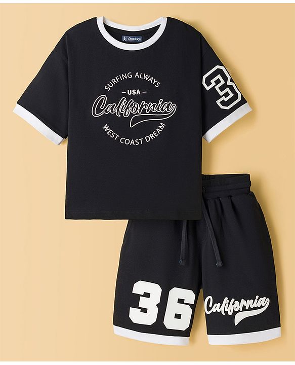 Pine Kids Single Jersey Knit Drop Shoulder Half Sleeves T-Shirt & Shorts Set with California Print - Black