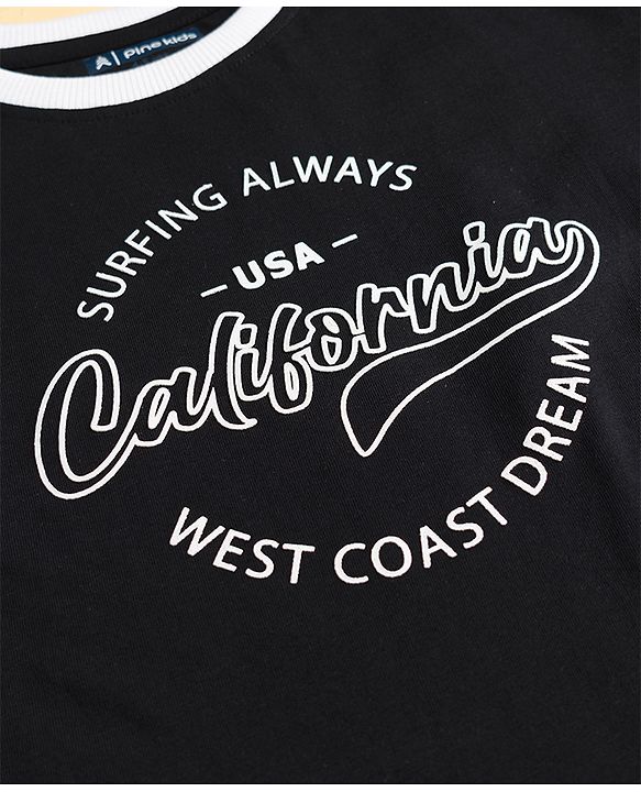 Pine Kids Single Jersey Knit Drop Shoulder Half Sleeves T-Shirt & Shorts Set with California Print - Black