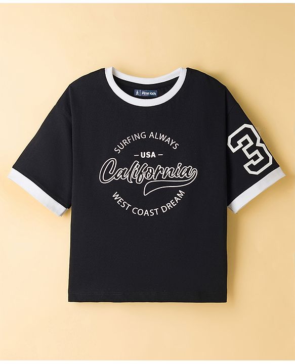 Pine Kids Single Jersey Knit Drop Shoulder Half Sleeves T-Shirt & Shorts Set with California Print - Black