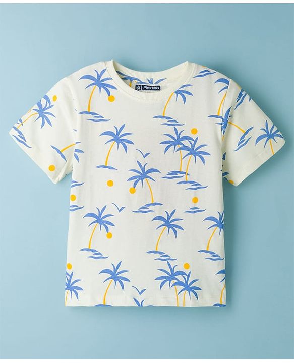 Pine Kids Single Jersey Knit Half Sleeves T-Shirt & Shorts Set With Tree Print - White