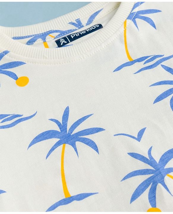 Pine Kids Single Jersey Knit Half Sleeves T-Shirt & Shorts Set With Tree Print - White
