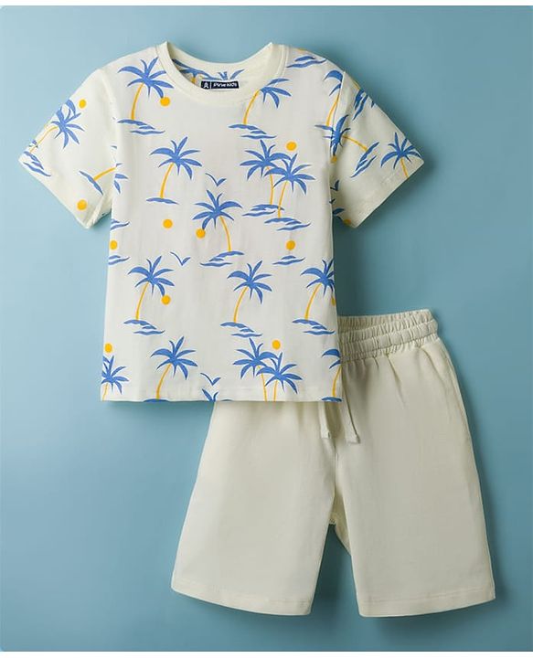 Pine Kids Single Jersey Knit Half Sleeves T-Shirt & Shorts Set With Tree Print - White