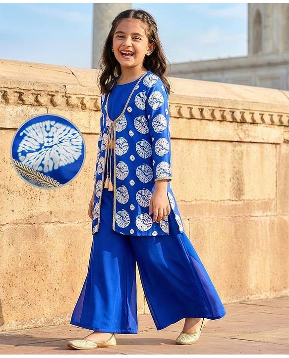 Pine Kids Woven Printed Indo Western  Kurti Palazo Set - Royal Blue