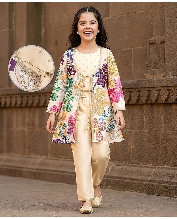 Pine Kids Satin Woven Indo Western Set with Floral Print - Multicolor
