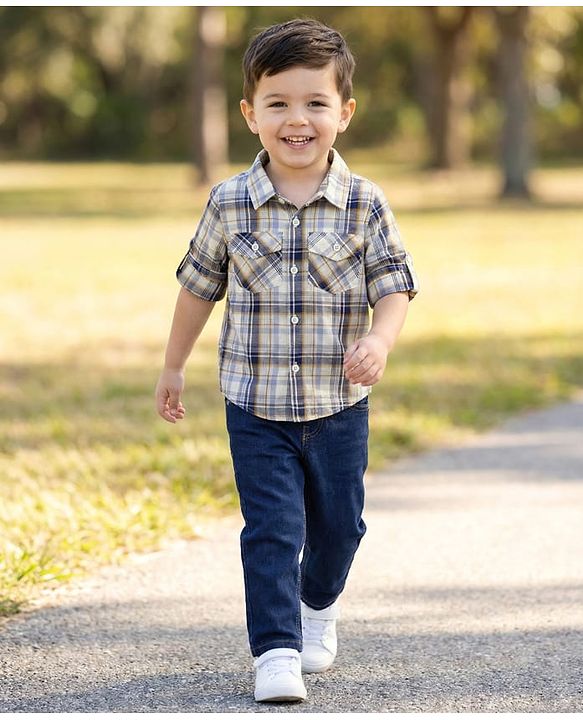 Babyhug Cotton Denim Full Sleeves Checkered Shirt & Jeans Set- Blue