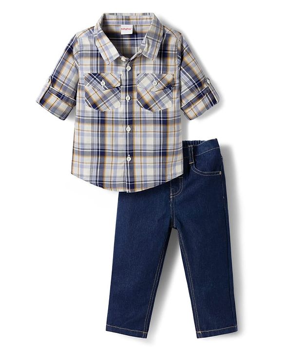 Babyhug Cotton Denim Full Sleeves Checkered Shirt & Jeans Set- Blue