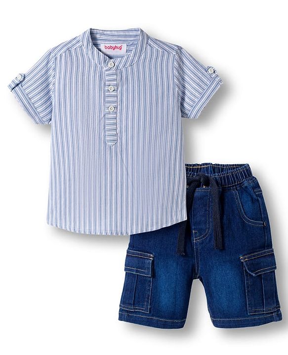 Babyhug Cotton Woven Half Sleeves Mandarin Collar Stripes Shirt & Shorts  Set - Light Blue