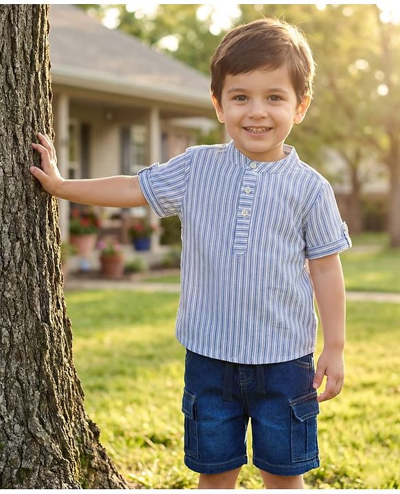 Babyhug Cotton Woven Half Sleeves Mandarin Collar Stripes Shirt & Shorts  Set - Light Blue