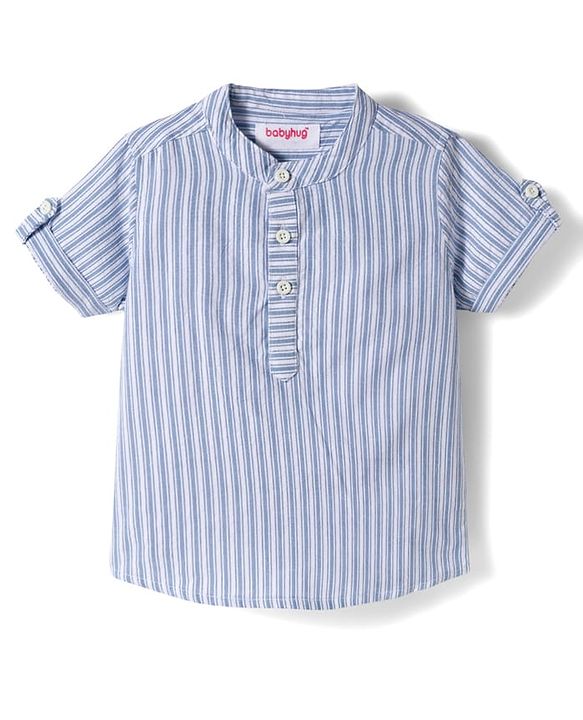 Babyhug Cotton Woven Half Sleeves Mandarin Collar Stripes Shirt & Shorts  Set - Light Blue