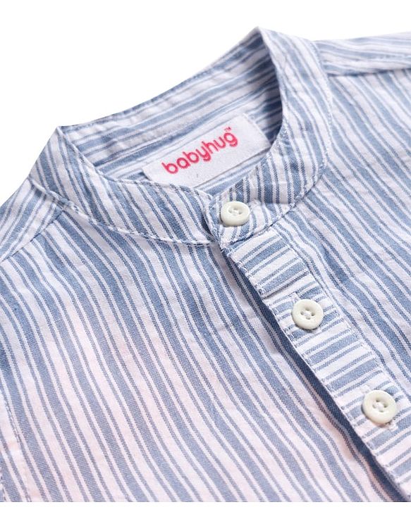 Babyhug Cotton Woven Half Sleeves Mandarin Collar Stripes Shirt & Shorts  Set - Light Blue