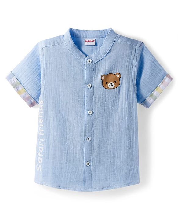 Babyhug Cotton Woven Half Sleeves Bear Printed Shirt & Checkered Shorts - Blue