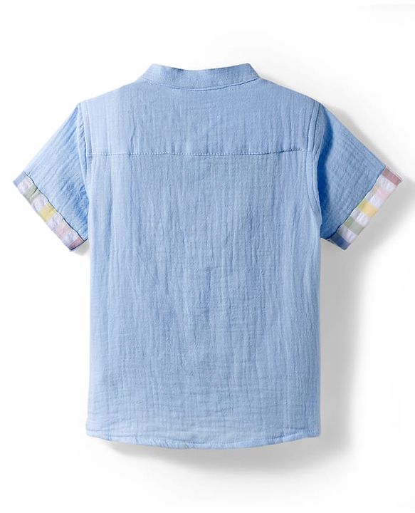 Babyhug Cotton Woven Half Sleeves Bear Printed Shirt & Checkered Shorts - Blue