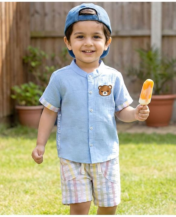Babyhug Cotton Woven Half Sleeves Bear Printed Shirt & Checkered Shorts - Blue