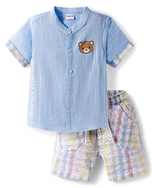 Babyhug Cotton Woven Half Sleeves Bear Printed Shirt & Checkered Shorts - Blue