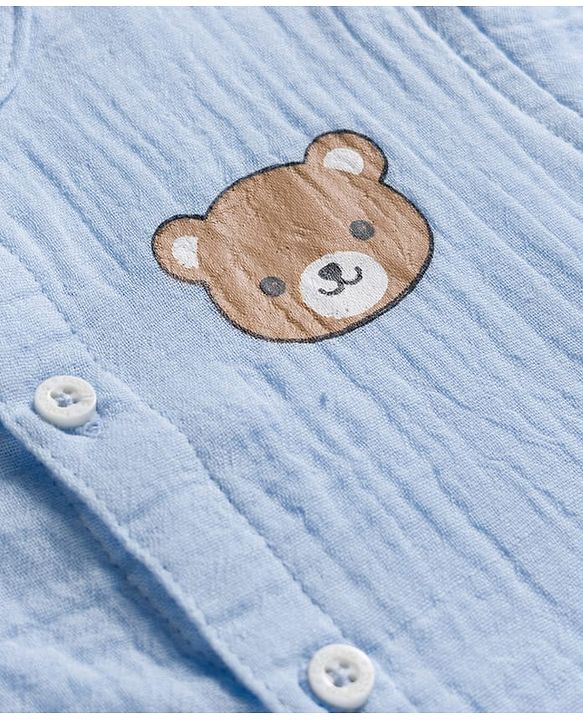 Babyhug Cotton Woven Half Sleeves Bear Printed Shirt & Checkered Shorts - Blue