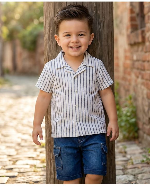 Babyhug Cotton Woven Half Sleeves Striped Shirt & Denim Shorts Set - Blue