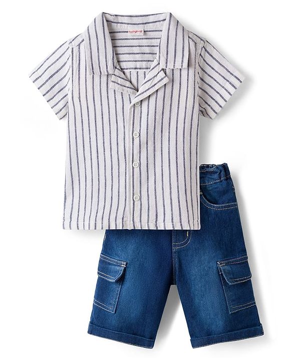 Babyhug Cotton Woven Half Sleeves Striped Shirt & Denim Shorts Set - Blue