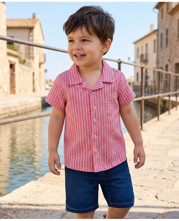 Babyhug Cotton Woven Half Sleeves Striped Shirt & Denim Shorts Set - Multicolor