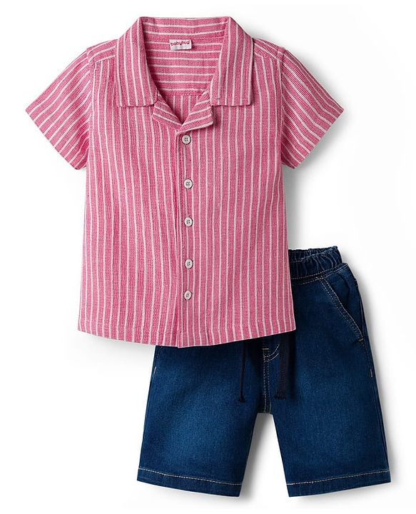 Babyhug Cotton Woven Half Sleeves Striped Shirt & Denim Shorts Set - Multicolor
