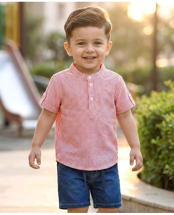 Babyhug Cotton Woven Half Sleeves Striped Shirt & Denim Shorts Set - Blue