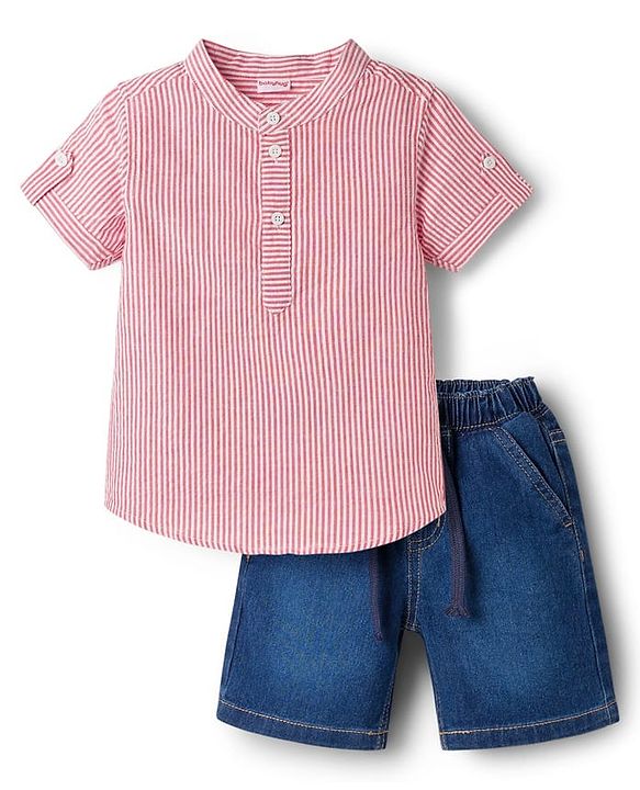 Babyhug Cotton Woven Half Sleeves Striped Shirt & Denim Shorts Set - Blue