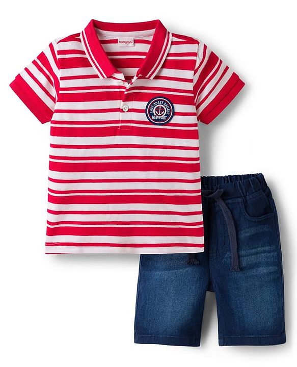 Babyhug Cotton Knit Half Sleeves Striped Polo T-Shirt & Shorts Set With Anchor Patch - Multicolor & Blue