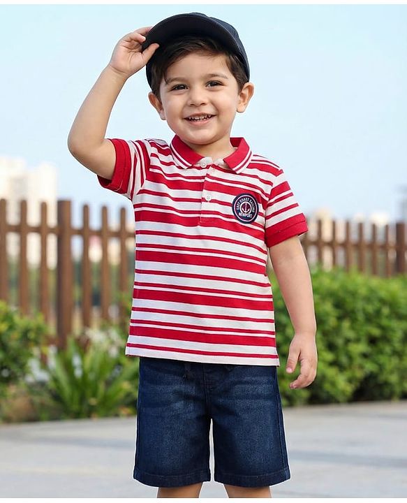 Babyhug Cotton Knit Half Sleeves Striped Polo T-Shirt & Shorts Set With Anchor Patch - Multicolor & Blue