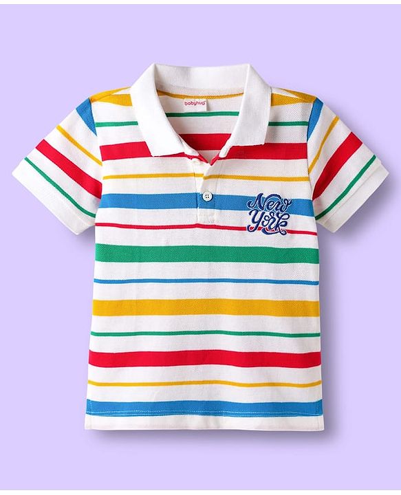 Babyhug Cotton Knit Half Sleeves Striped Polo T-Shirt & Denim Short Set - Blue