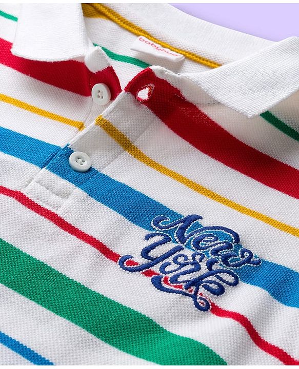 Babyhug Cotton Knit Half Sleeves Striped Polo T-Shirt & Denim Short Set - Blue