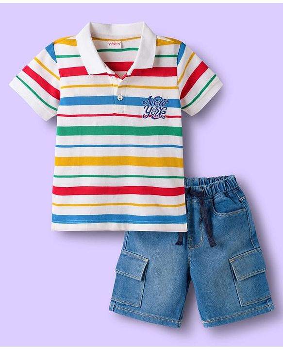 Babyhug Cotton Knit Half Sleeves Striped Polo T-Shirt & Denim Short Set - Blue