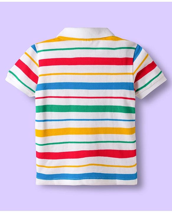 Babyhug Cotton Knit Half Sleeves Striped Polo T-Shirt & Denim Short Set - Blue