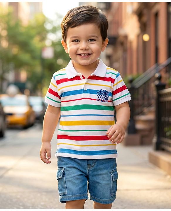 Babyhug Cotton Knit Half Sleeves Striped Polo T-Shirt & Denim Short Set - Blue