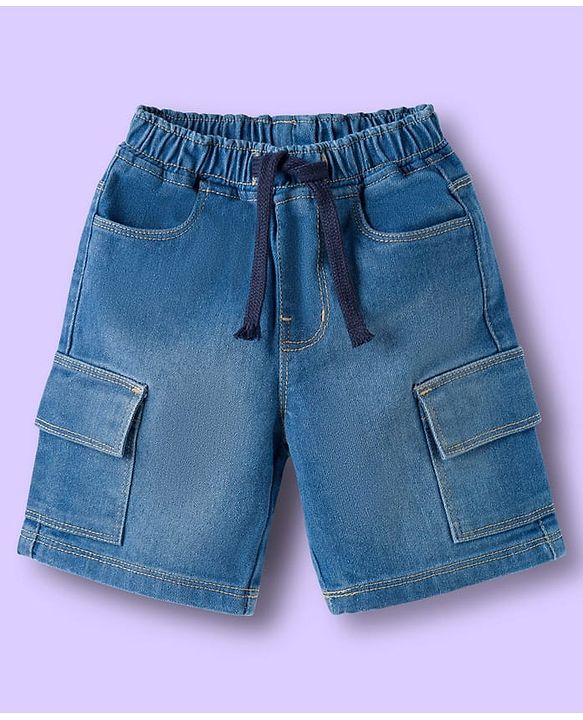 Babyhug Cotton Knit Half Sleeves Striped Polo T-Shirt & Denim Short Set - Blue