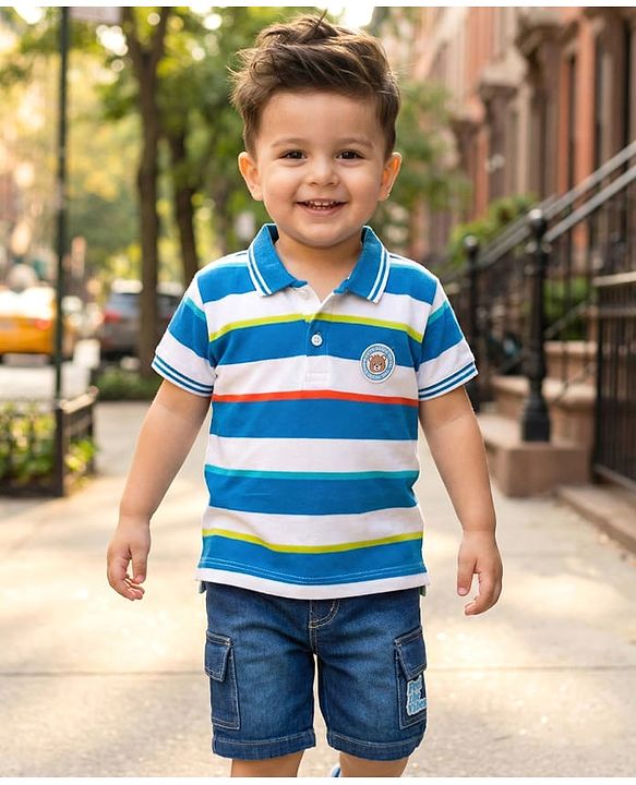 Babyhug Cotton Knit Half Sleeves Striped Polo T-Shirt & Shorts Set With Teddy Bear Patch - Multicolor & Blue