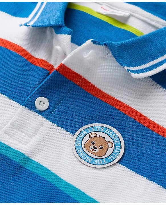 Babyhug Cotton Knit Half Sleeves Striped Polo T-Shirt & Shorts Set With Teddy Bear Patch - Multicolor & Blue