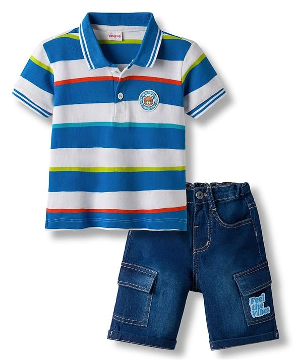 Babyhug Cotton Knit Half Sleeves Striped Polo T-Shirt & Shorts Set With Teddy Bear Patch - Multicolor & Blue