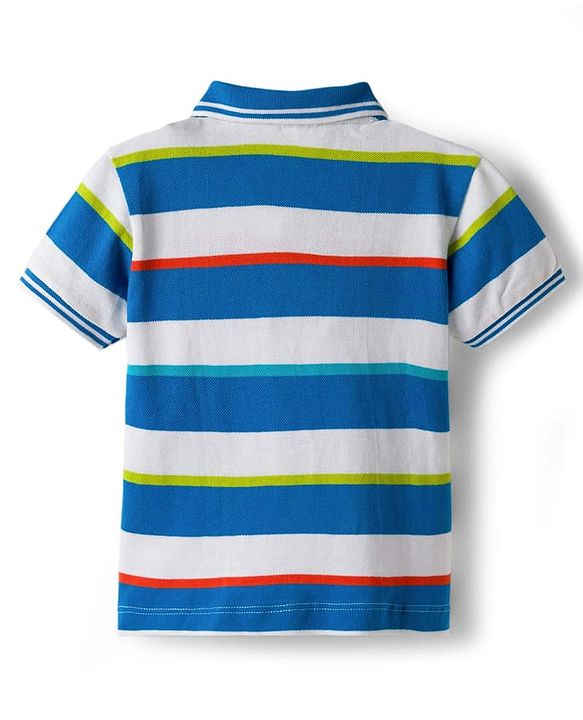 Babyhug Cotton Knit Half Sleeves Striped Polo T-Shirt & Shorts Set With Teddy Bear Patch - Multicolor & Blue