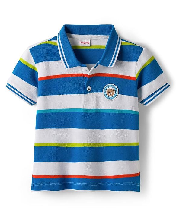 Babyhug Cotton Knit Half Sleeves Striped Polo T-Shirt & Shorts Set With Teddy Bear Patch - Multicolor & Blue