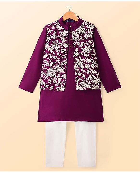 Pine Kids Woven Full Sleeves Kurta Pyjama Set With Floral Embroidered Nehru Jacket - Wine