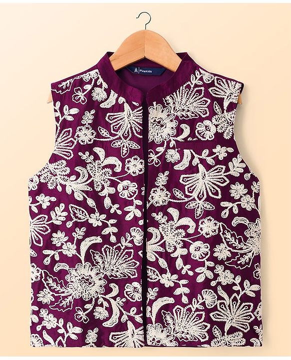 Pine Kids Woven Full Sleeves Kurta Pyjama Set With Floral Embroidered Nehru Jacket - Wine