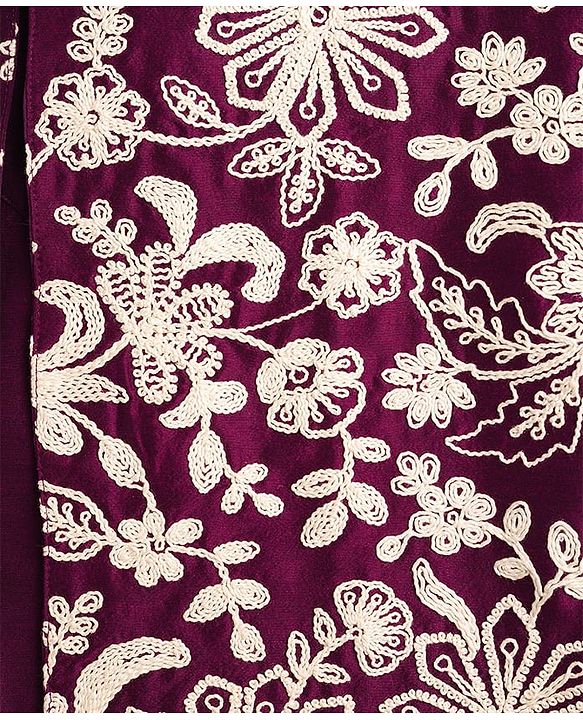 Pine Kids Woven Full Sleeves Kurta Pyjama Set With Floral Embroidered Nehru Jacket - Wine