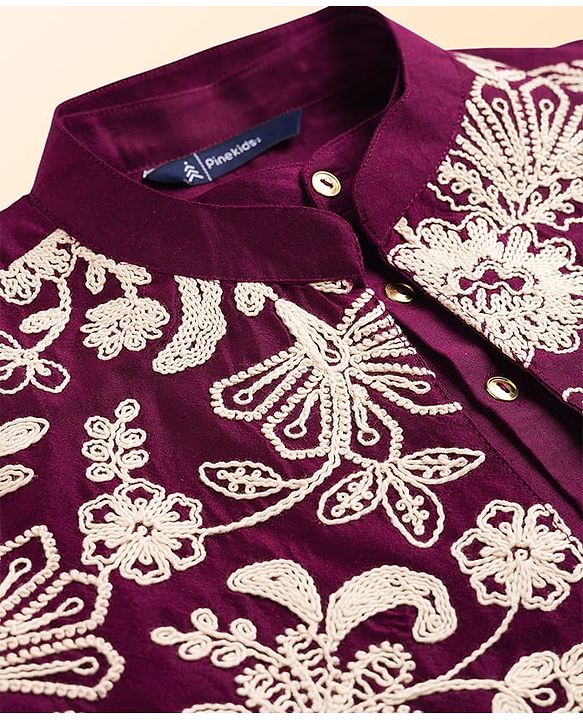 Pine Kids Woven Full Sleeves Kurta Pyjama Set With Floral Embroidered Nehru Jacket - Wine