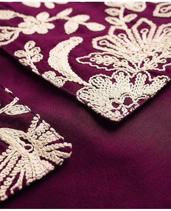 Pine Kids Woven Full Sleeves Kurta Pyjama Set With Floral Embroidered Nehru Jacket - Wine