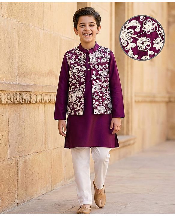 Pine Kids Woven Full Sleeves Kurta Pyjama Set With Floral Embroidered Nehru Jacket - Wine