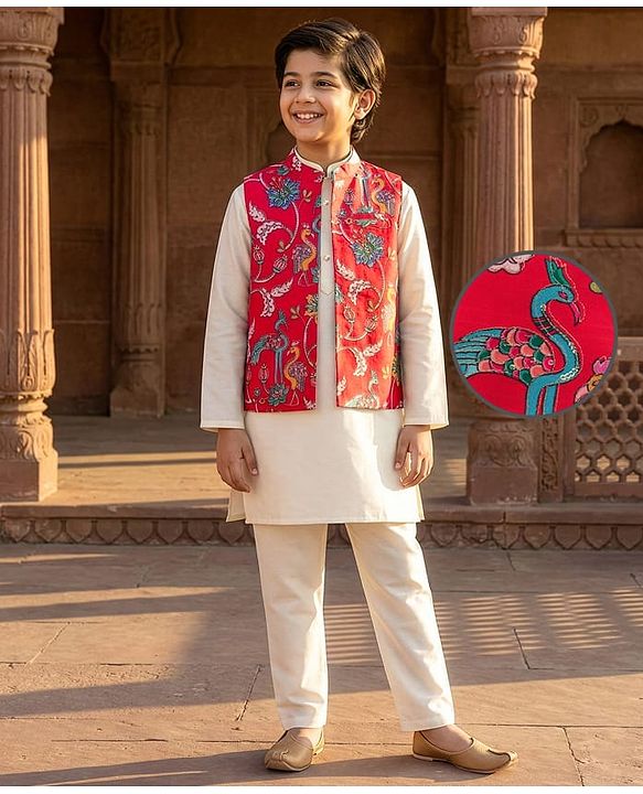 Pine Kids Woven Full Sleeves Kurta Pajama Set with Jacket & Floral Print - White