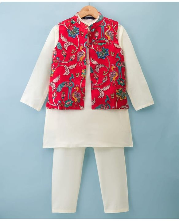 Pine Kids Woven Full Sleeves Kurta Pajama Set with Jacket & Floral Print - White